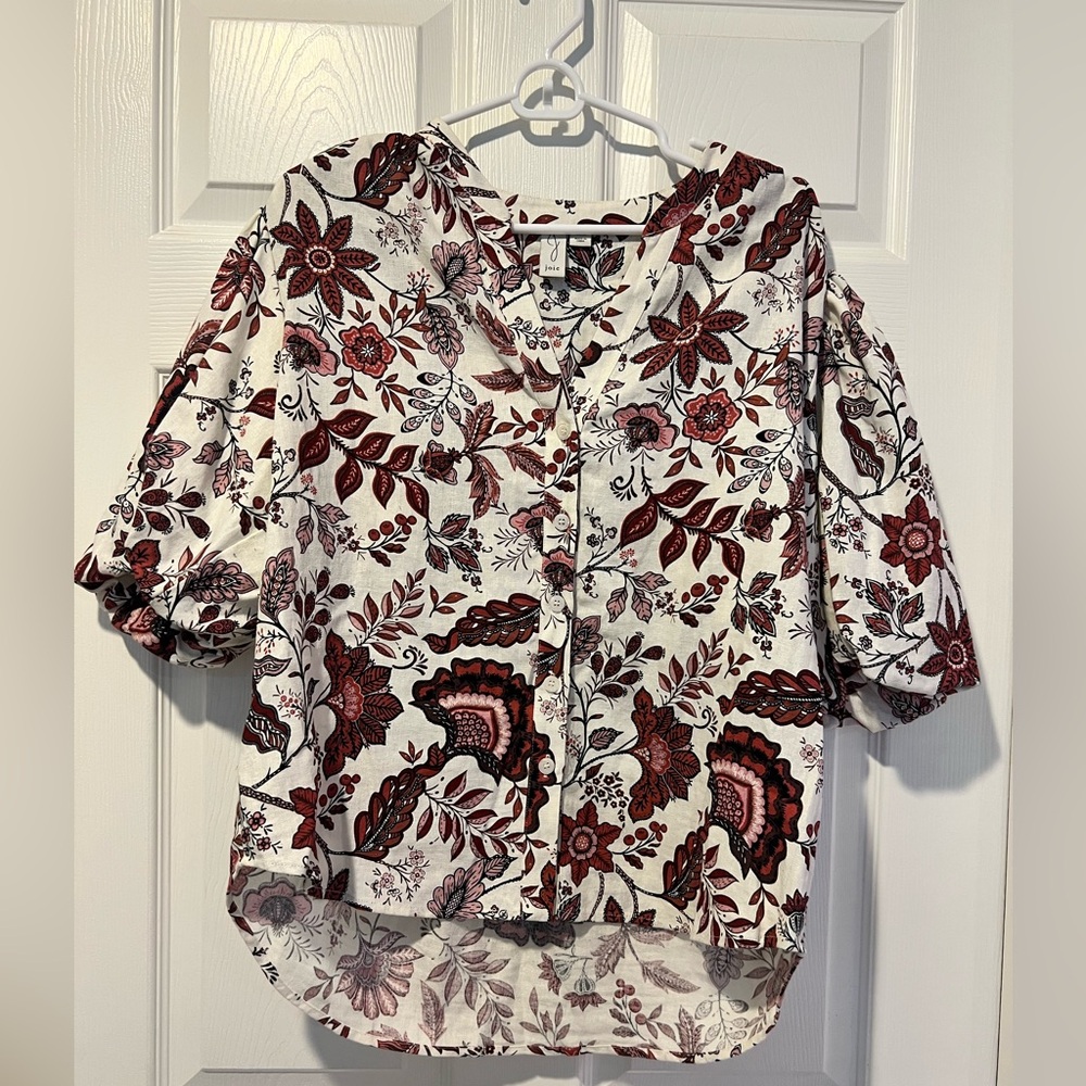 Joie Floral Red and Ivory Button-Up Women's Top with Pleated Sleeves Size Large